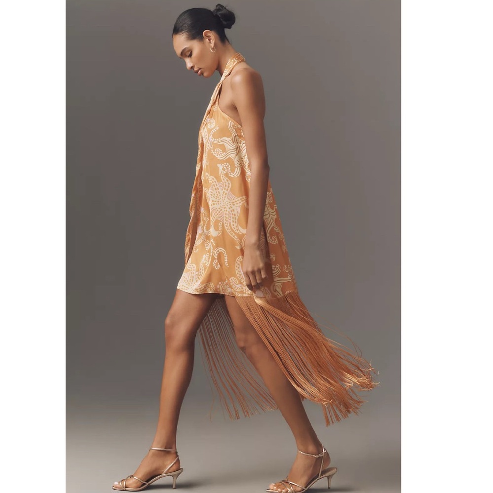 Farm Rio Anthropologie Halter Fringe Satin Mini Dress Size XL NWT Golden Octopus
